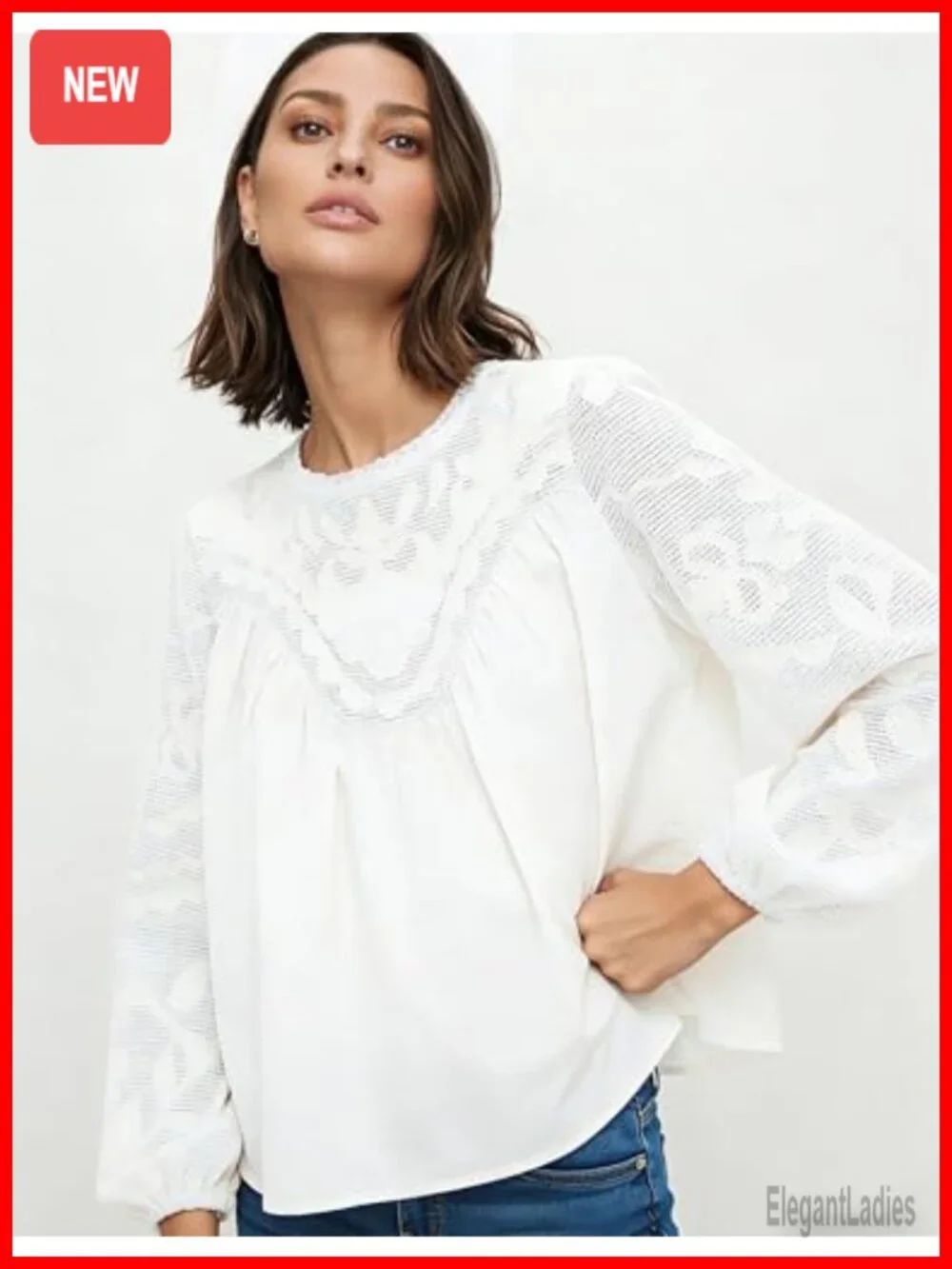 Women's Long Sleeve Lace Blouse Crew Neck Embroidered Mesh Shirt Flowy Babydoll
